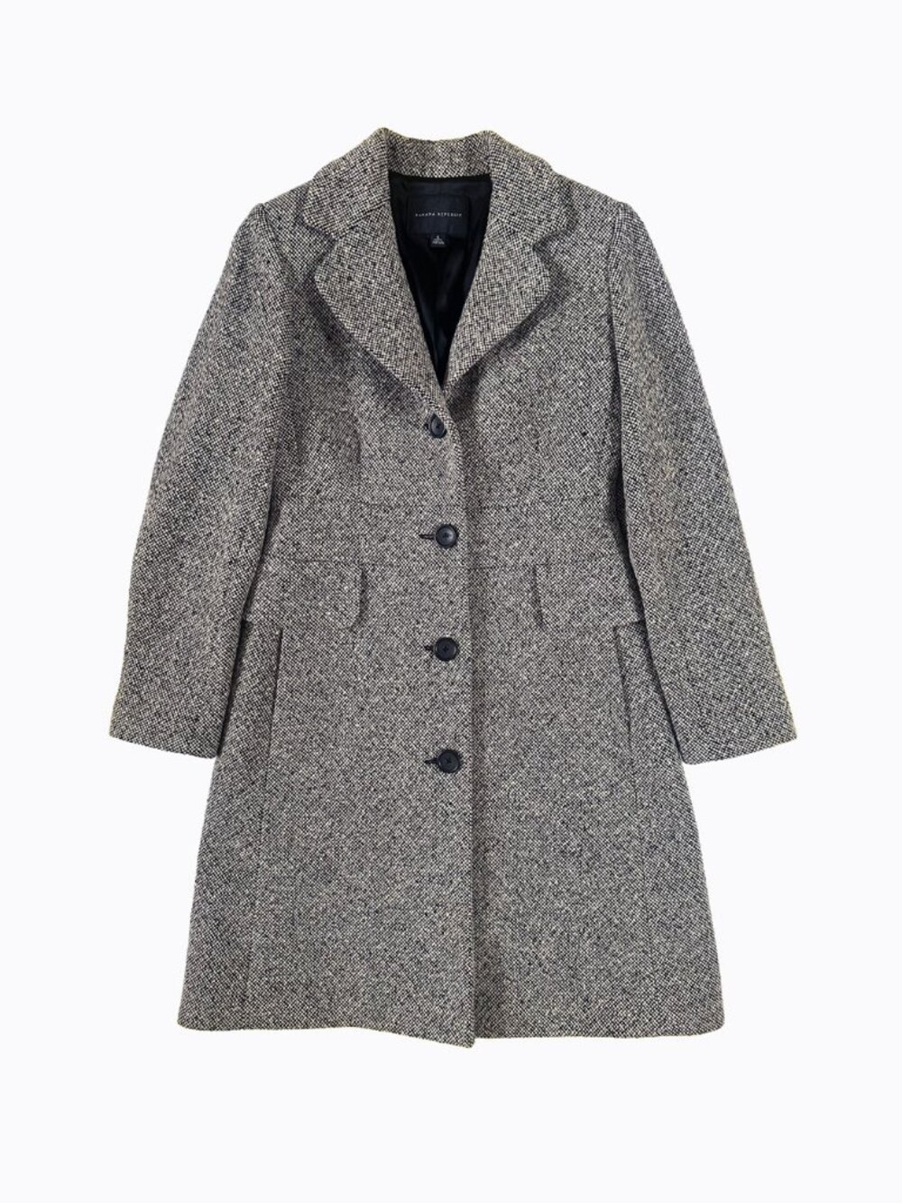 Vtg Banana Republic Wool Herringbone Tweed Topcoat Coat S Black White Y2K Preppy